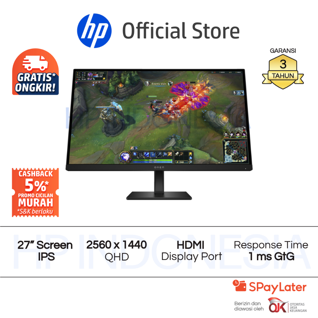 OMEN Gaming Monitor HP 27q G2 QHD 27 Inch 2560 x 1440 180Hz 1ms GtG HDMI Display Port Garansi 3 Tahun Promo Murah Gratis Ongkir Official