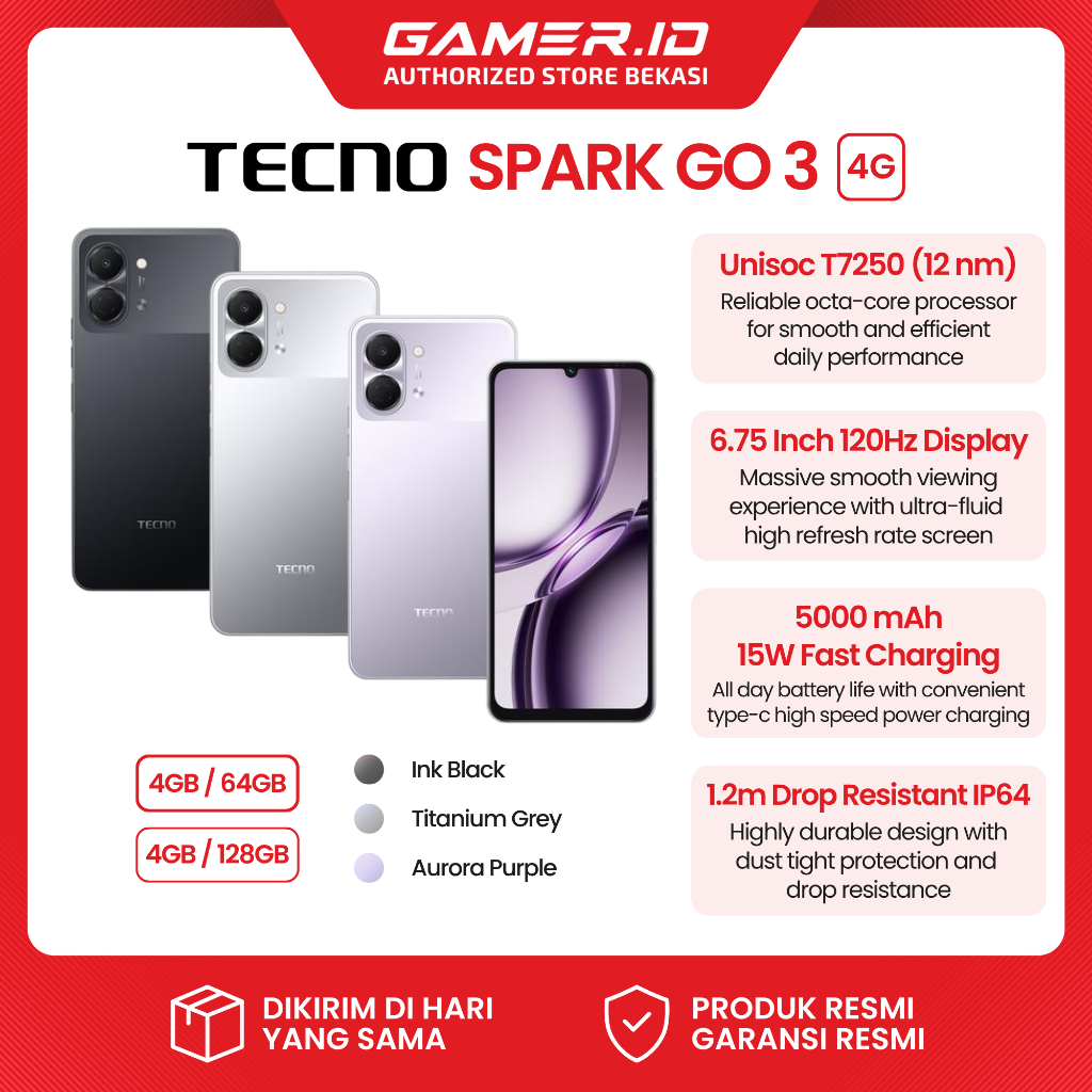 Jual Tecno Spark Go 3 4/128GB 6.75 Inchi 120Hz Unisoc T7250 13MP ...