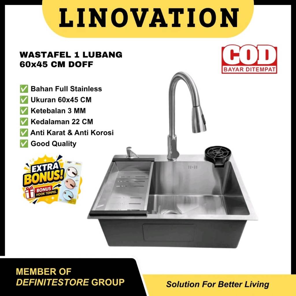 Kitchen Sink 6045 Stainless SUS 304 Anti Karat Wastafel Bak Cuci Piring 1 Lubang Komplit Set Premium Tebal 3MM Siap Pasang