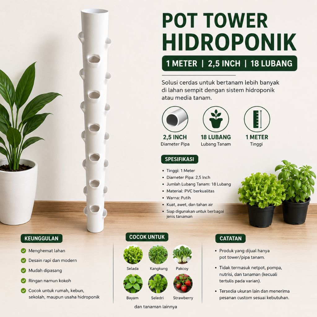 Pot Tower Hidroponik PVC 1 Meter 2,5 Inch 18 Lubang Tanam | Vertical Garden | Rak Tanam Vertikal | Cocok untuk Sayuran & Tanaman Hias