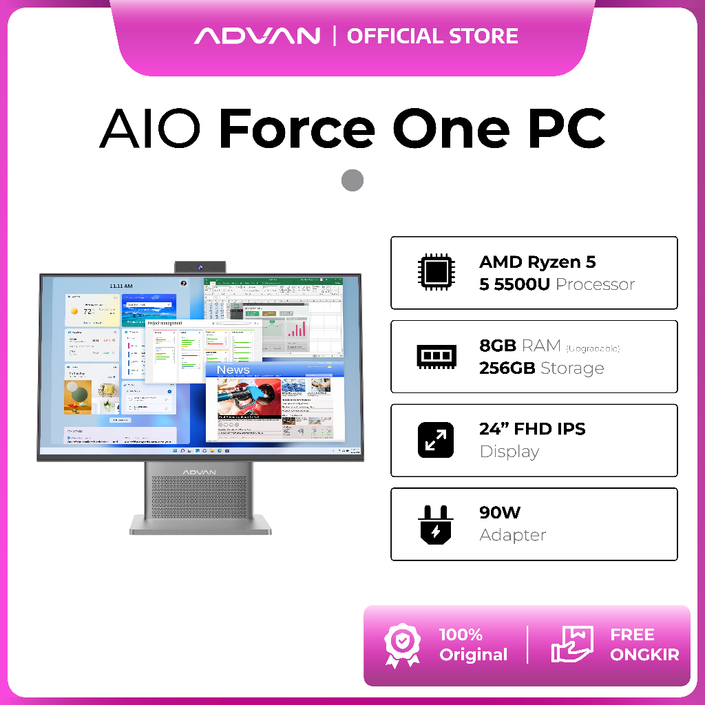 ADVAN AIO Force One PC RYZEN 5 5500U | 8GB 256GB SSD | 23.8" FHD | Windows 11 Home | Free Keyboard & Mouse | Garansi Resmi 1 Tahun