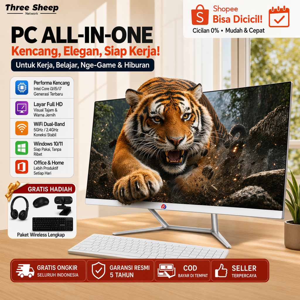 Three Sheep Network Komputer Full Set PC All-in-One Baru, Prosesor Core i3/i5, RAM 8G/16G, SSD 256/512G, 19/22/24 Inci FULL HD Kemasan karton dan busa Rak Kayu Inklusif.Garansi 5 Tahun