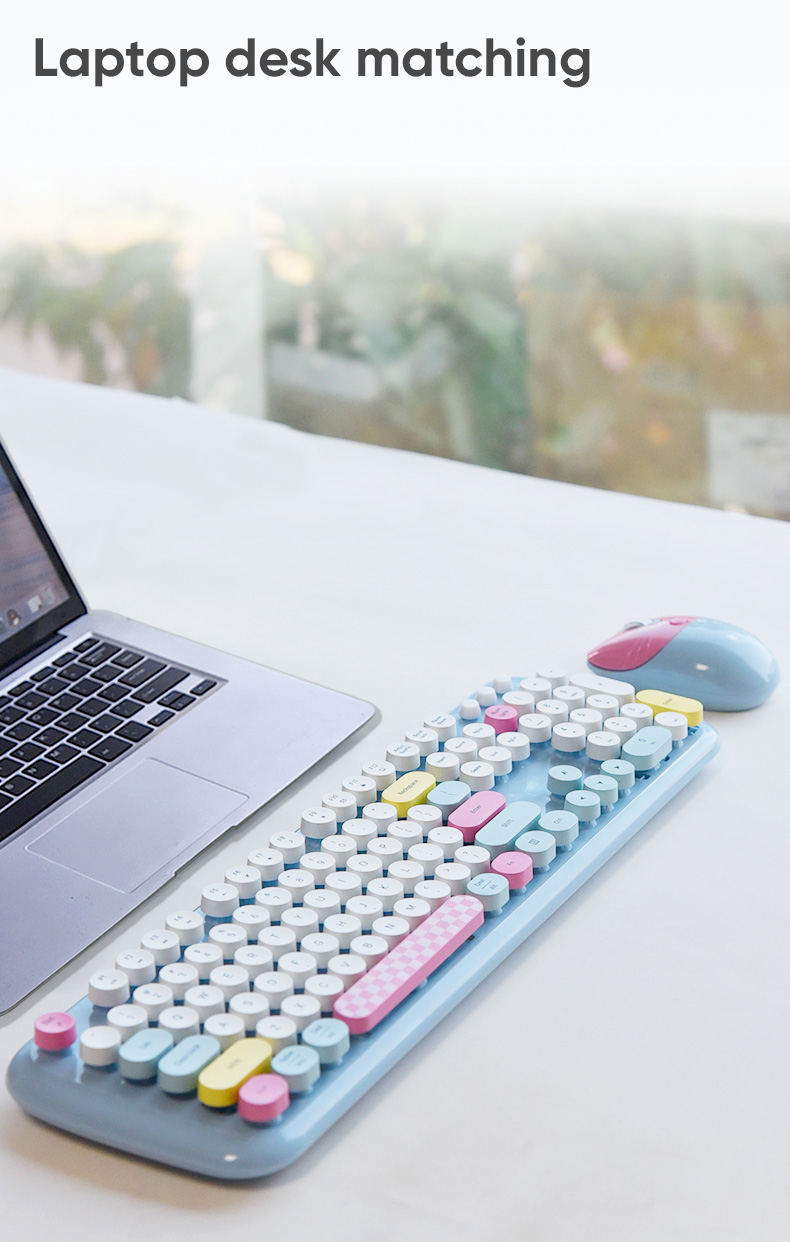 MOFII Tastiera E Mouse Wireless Colorati – Set Retro Macchina Da Scrivere Rosa, Silenzioso, 2.4G Per PC, Laptop, Windows