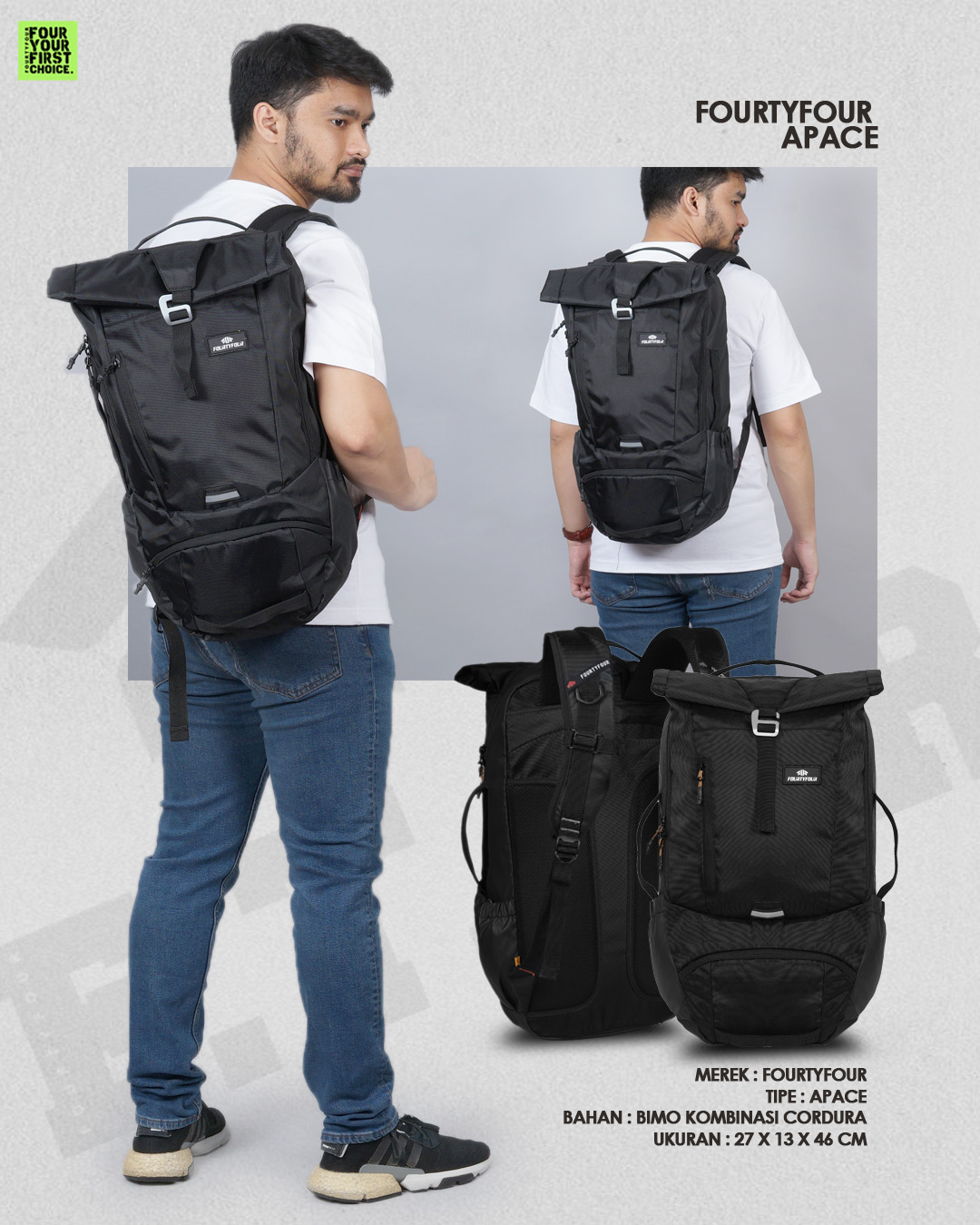 Jual FOURTYFOUR Apache - Tas Ransel Pria Backpack Full Black Premium ...