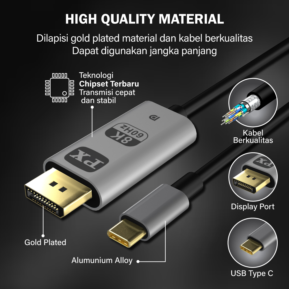 Jual Kabel USB Type C 3.1 Converter to DP Display Port 1.4 8K PX CDP-1M ...