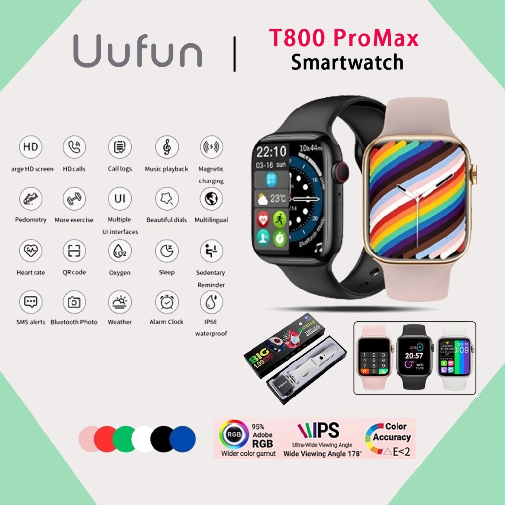 UUFUN Smart Watch T800 Pro Max Inch Screen Full Touch HD Bluetooth Jam  Pintar Bisa Phone Call IP68 Waterproof Heart Rate Monitor Smart Watch