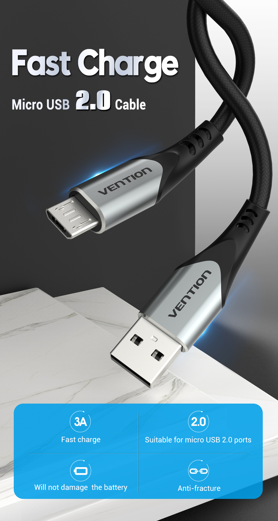 Jual Vention Kabel Data Micro Usb 3A Fast Charging Quick Charge ...