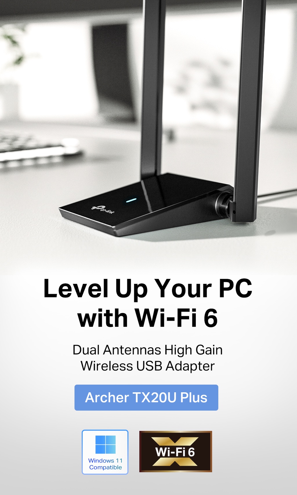 TP-Link Archer TX20UH Adattatore USB WiFi 6 AX1800Mbps, USB 3.0, Antenne Ad Alto Guadagno, WPA3, OFDMA, MU-MIMO, Chiavetta WiFi per PC Fisso, Scheda di Rete WiFi, Windows 11/10