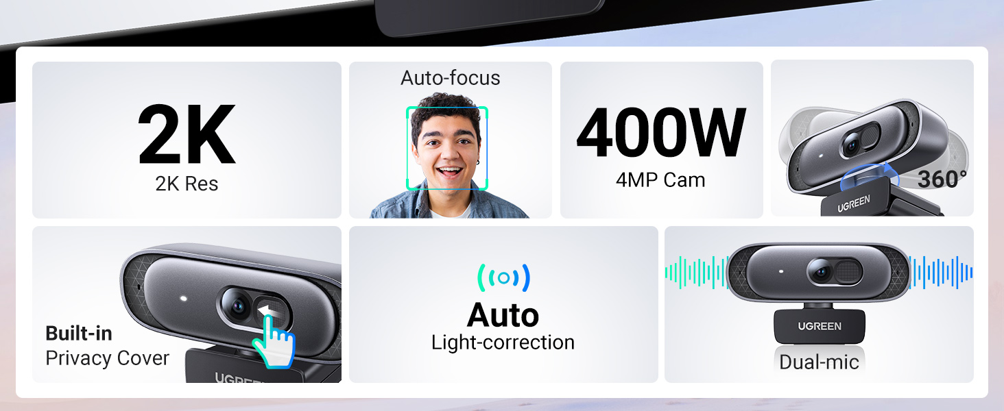 Webcam JCSJK 2K 30FPS - Micro Réduction Bruit - Angle Réglable 80° - Plug & Play Pour Streaming Et Visio