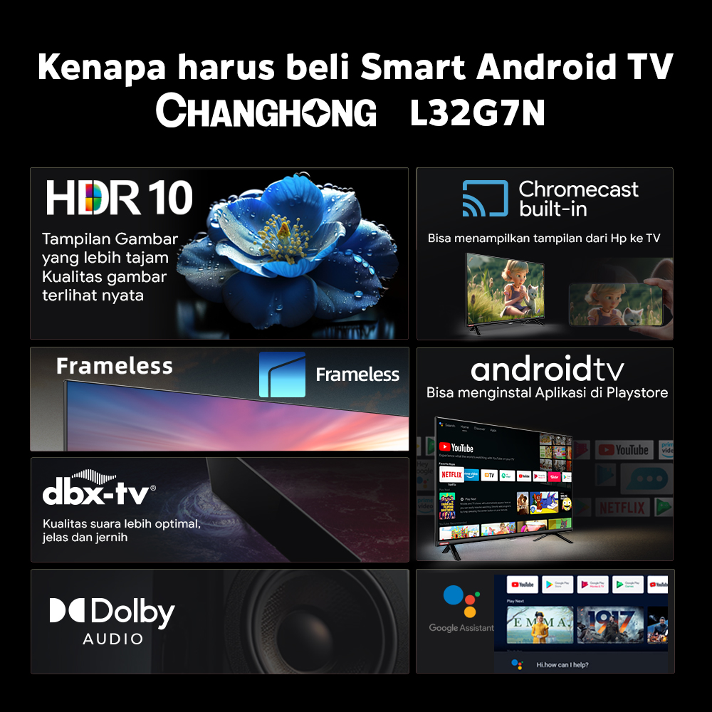 Jual Changhong 32 Inch Newest Android 11 Frameless Smart TV Digital LED TV  HD (L32G7N)-Netflix- Garansi Resmi 3 Thn (L32G7N)