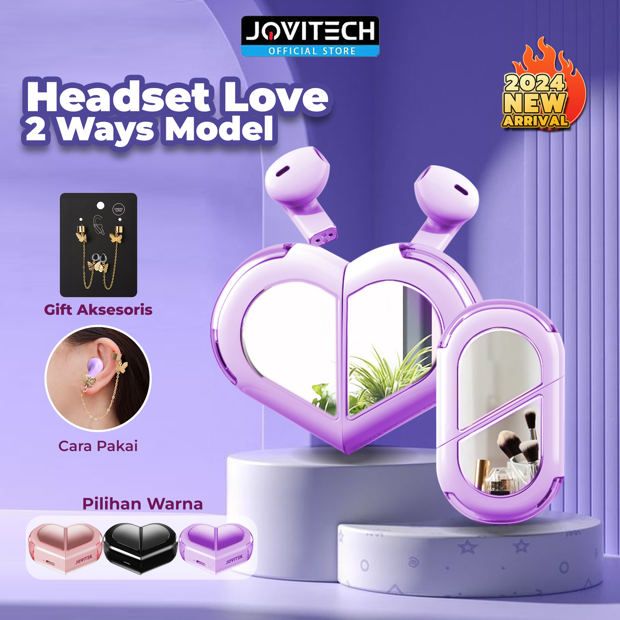 Jovitech Headset Love Heart Cute Mini TWS Ways Model Bluetooth  Earphone Cermin Couple Pasangan EP39B