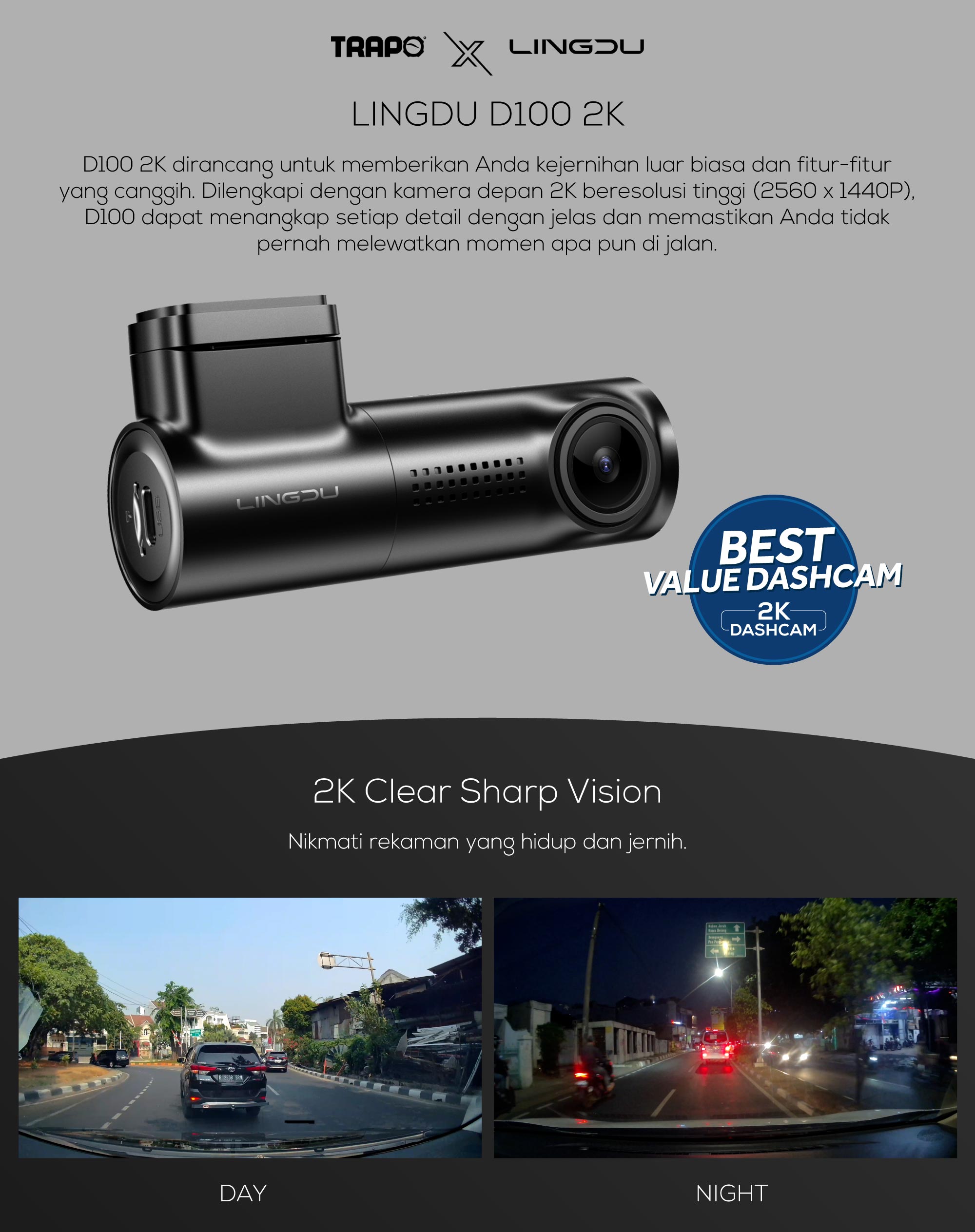 Jual Lingdu Dashcam D100- 2K -Night Vision-Voice Control-Built in GPS ...