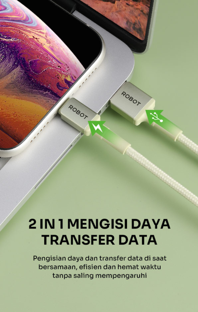 Jual ROBOT Kabel Data Quick Charge Type C Micro USB Lighting 2M Data ...