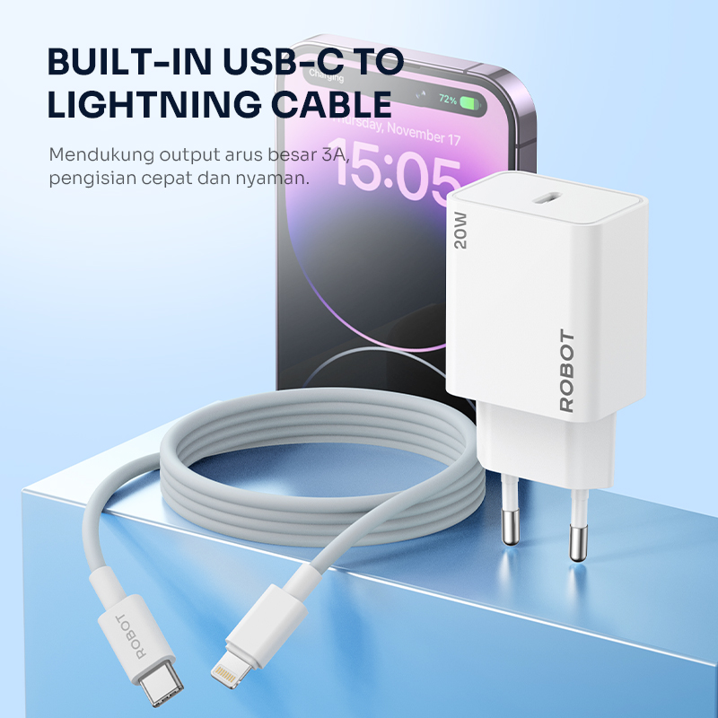 Jual ROBOT Charger USB C 20W RT-F6 Output Port 3A Free Kabel USB C to ...