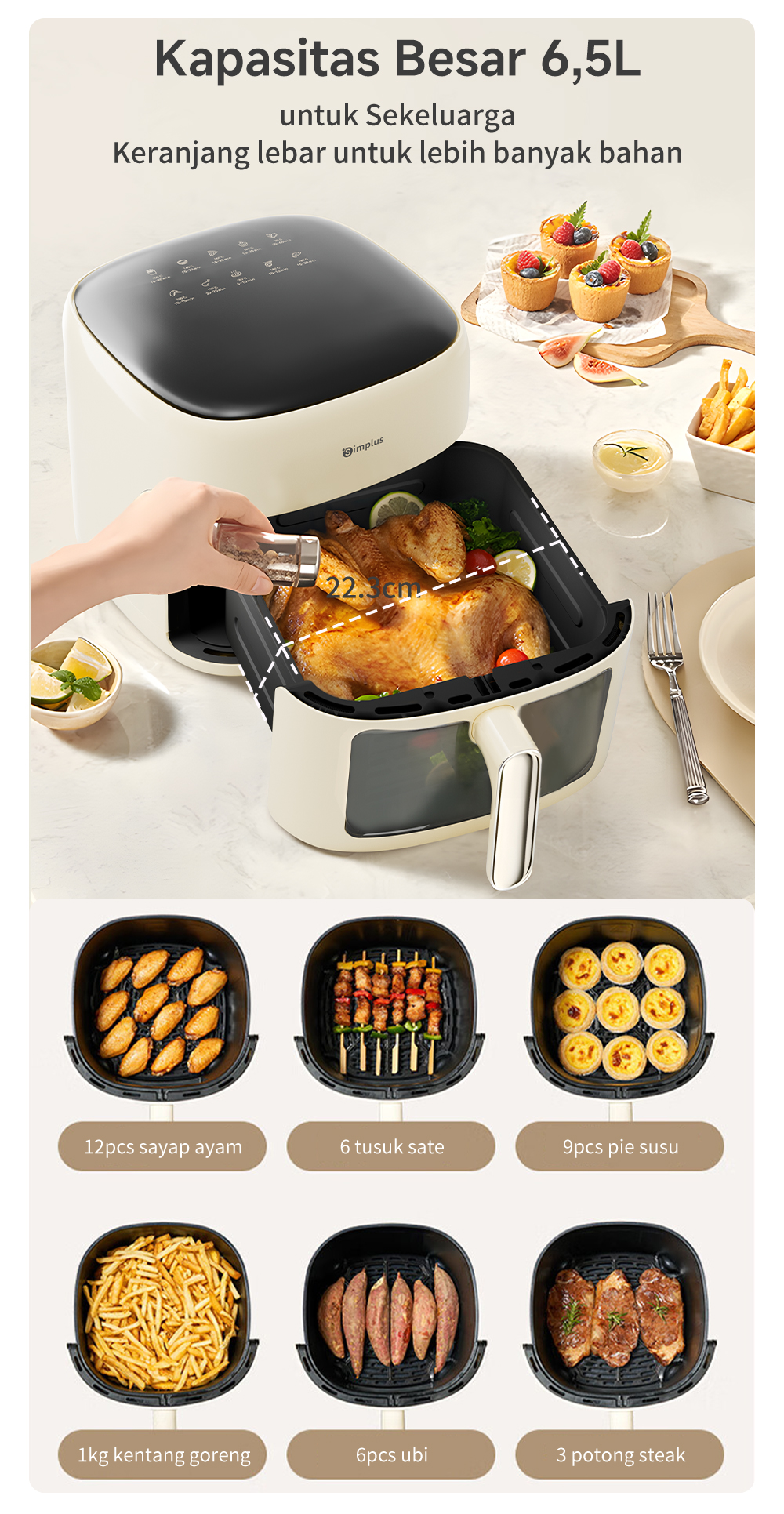 Jual Simplus Transparan Air Fryer Digital 6.5L Layar Sentuh LCD 10 Menu ...