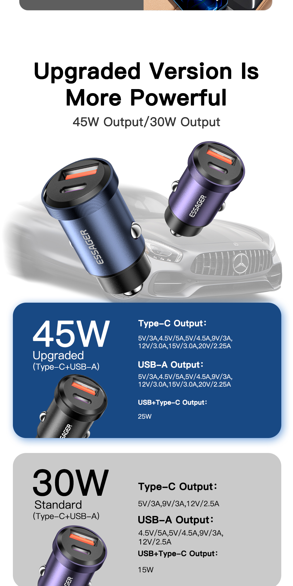 Essager Pengisi Daya Mobil Cepat 45W USB Dan Input Tipe C Cocok untuk Mobil  Motor Truk Adaptor Mobil