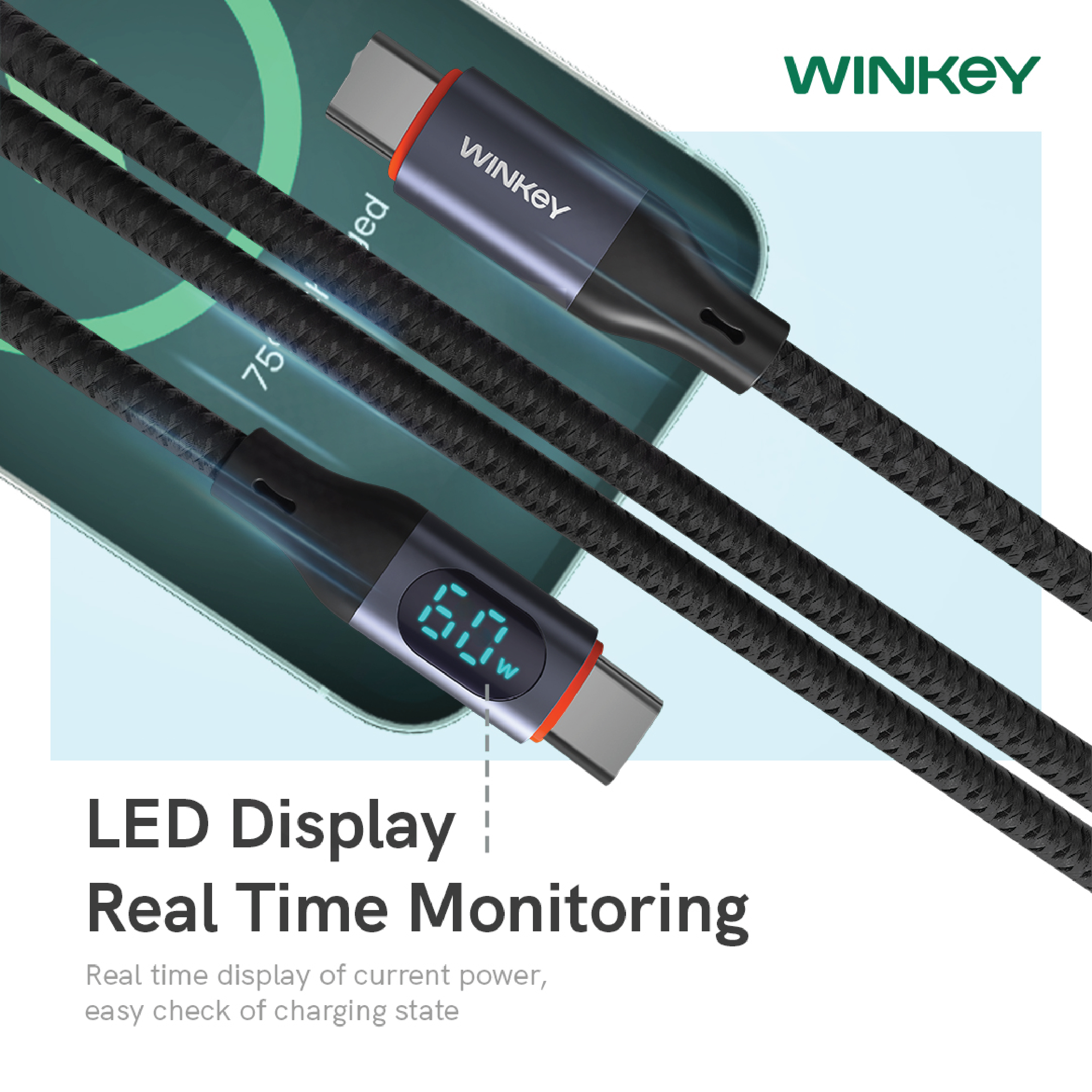 Jual WINKEY Kabel Data Power Meter Type-C to Type-C Fast Charging PD ...