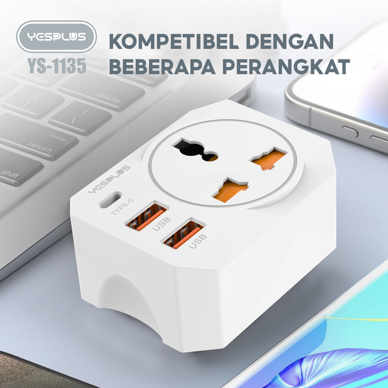 Jual Colokan Adaptor YESPLUS YS-1135 2PORT USB+1 Type-C+1 Power Socket ...