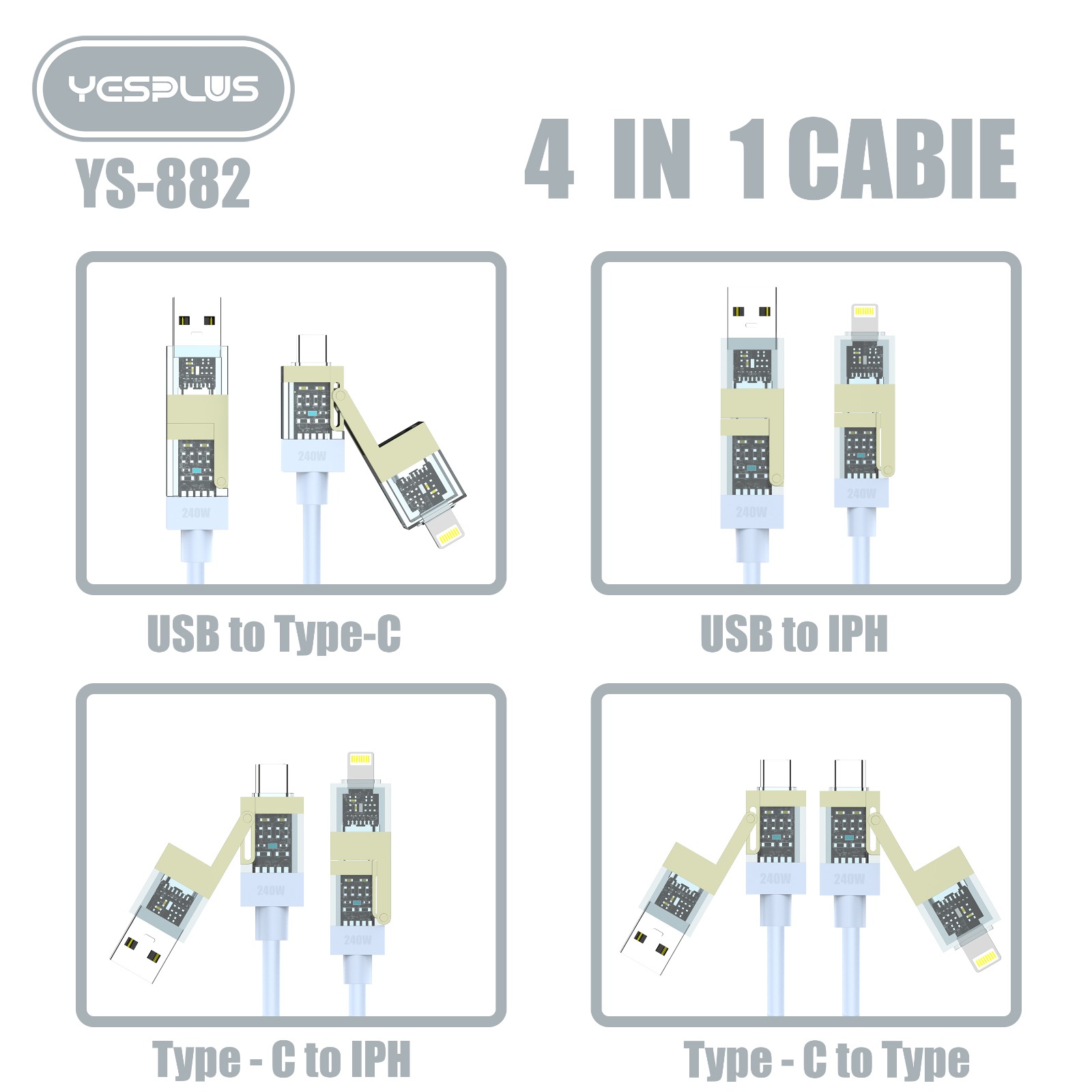 Jual Kabel Data YESPLUS YS-882 Spring 4in1 Fast Charging 240W Quick ...