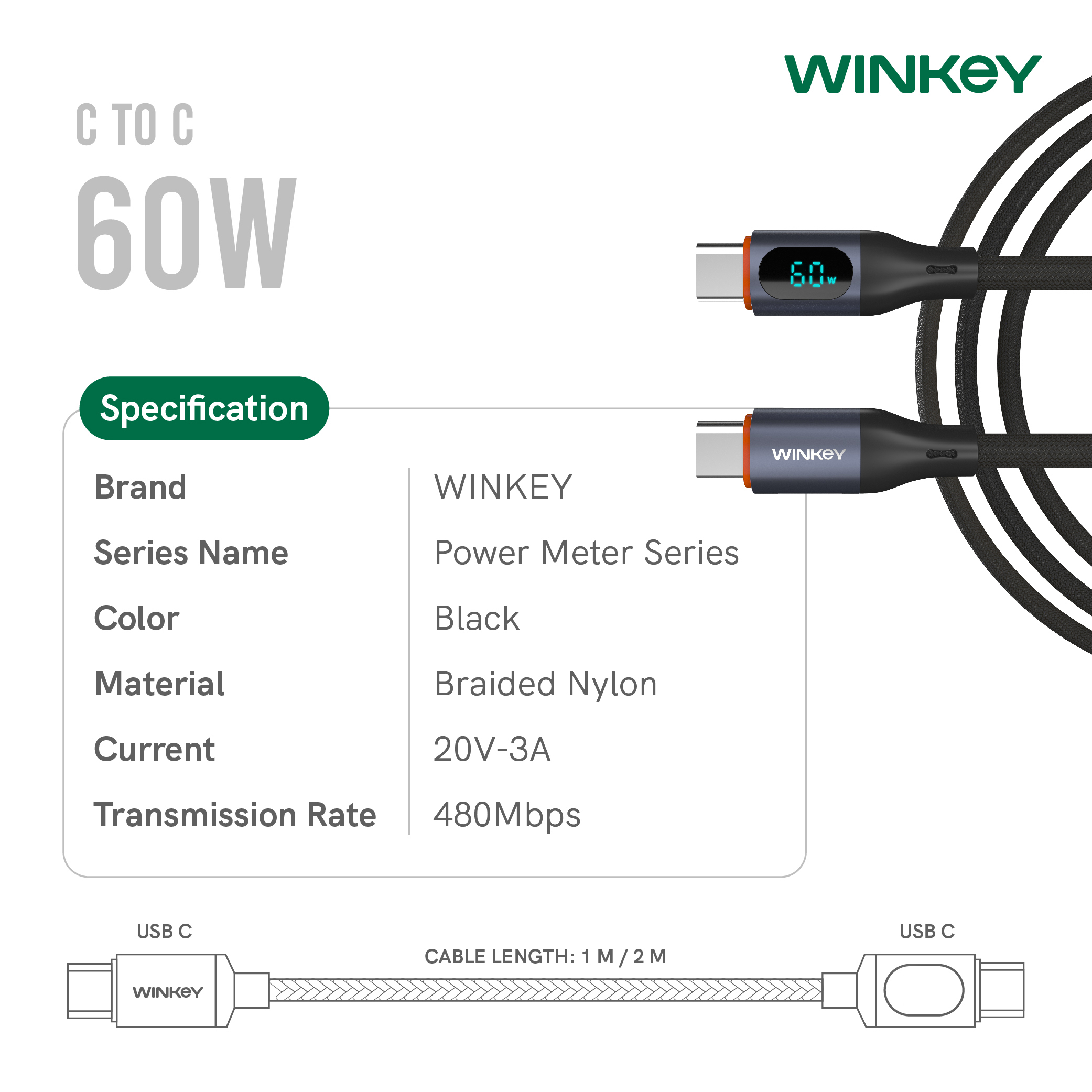 Jual WINKEY Kabel Data Power Meter Type-C to Type-C Fast Charging PD ...