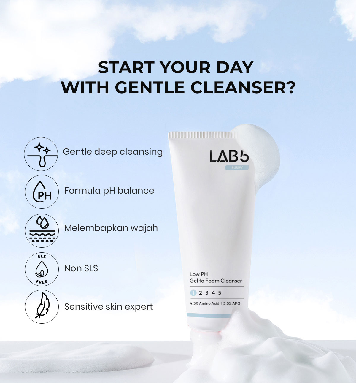Jual LAB5 Gel to Foam CLEANSER Non SLS+ LowPH Facial Wash utuk acne ...