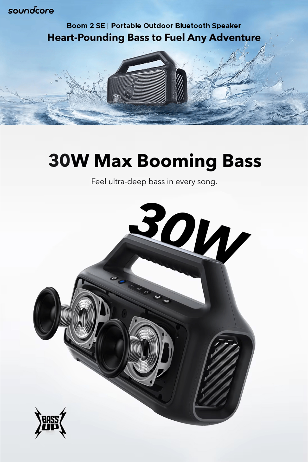 Soundcore Boom SE, speaker, 30W RMS and BassUp Technology, 18 Hours of  playback, Syncs +100 Speakers, IPX and floatation, Wireless Speaker,