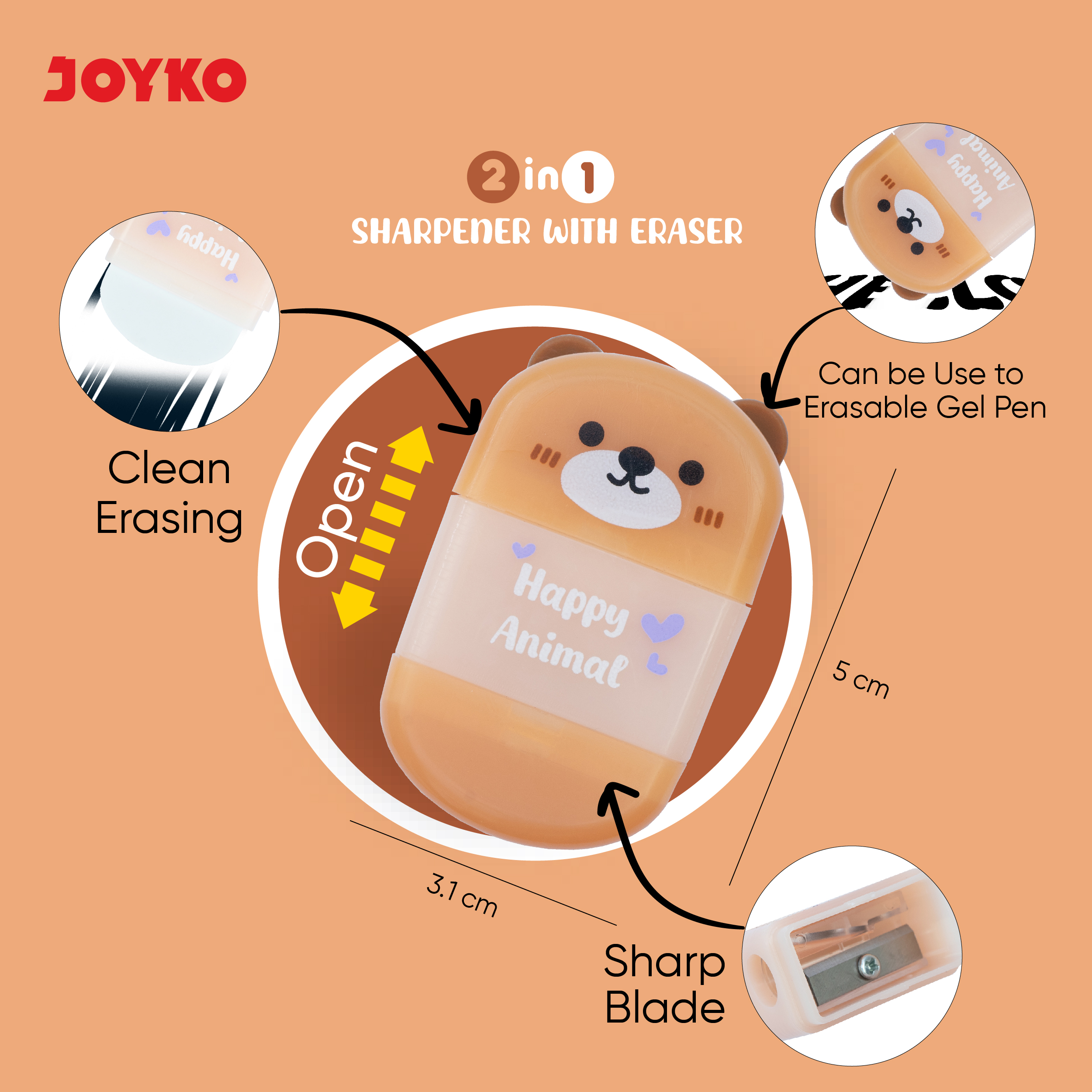 Jual Sharpener Eraser 2 in 1 Rautan dan Penghapus Joyko B-176 Happy ...