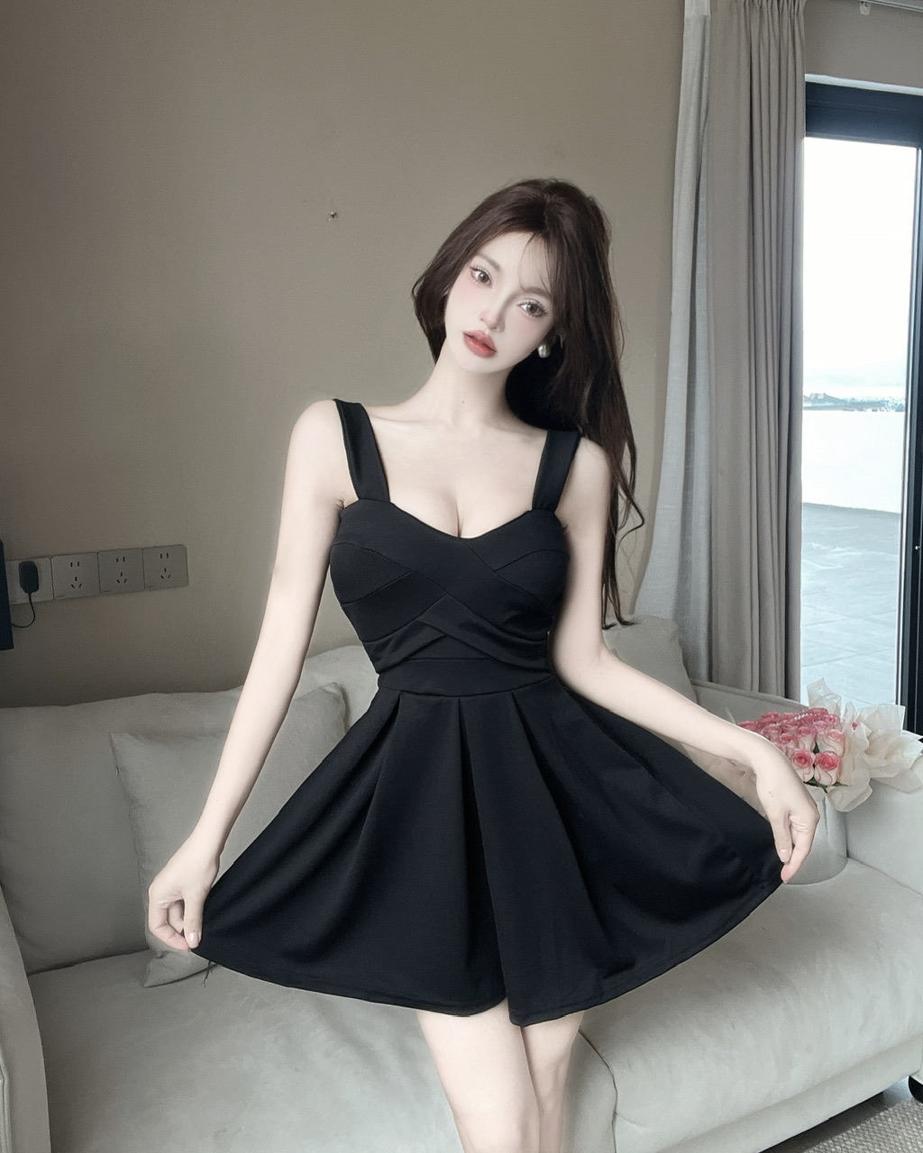 Jual Newlan QZ158 Mini Dress Gaun Wanita Tank Top A-Line Ruffle Baju ...