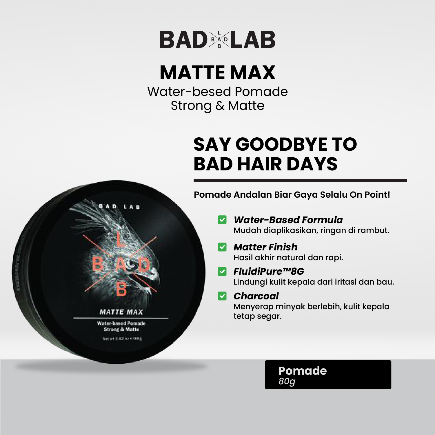 Jual BAD LAB Matte Max Strong & Matte Water-Based Pomade 80g - Minyak ...