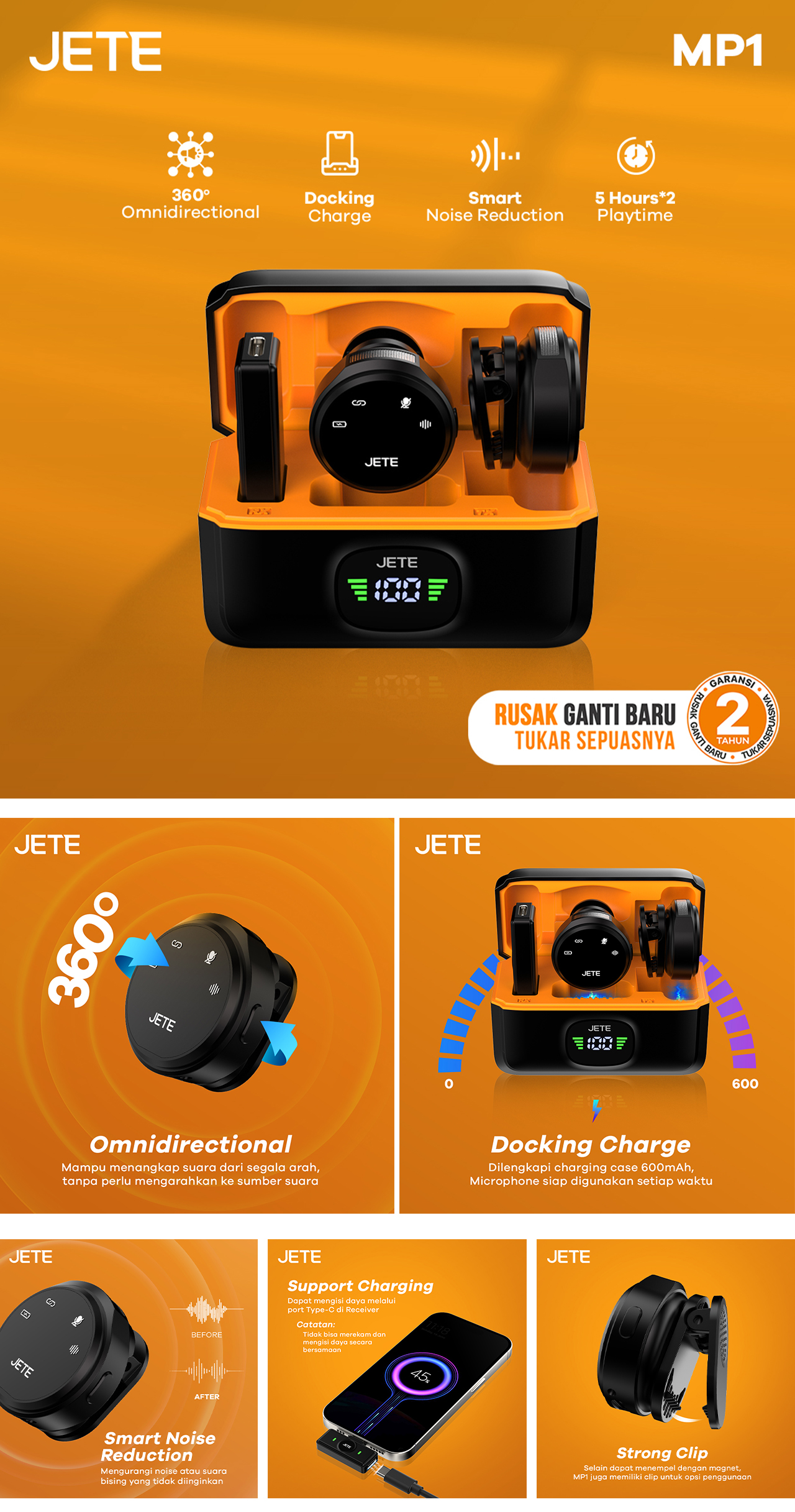 Jual JETE MP1 Microphone Wireless Magnetik Type C with Adapter ...