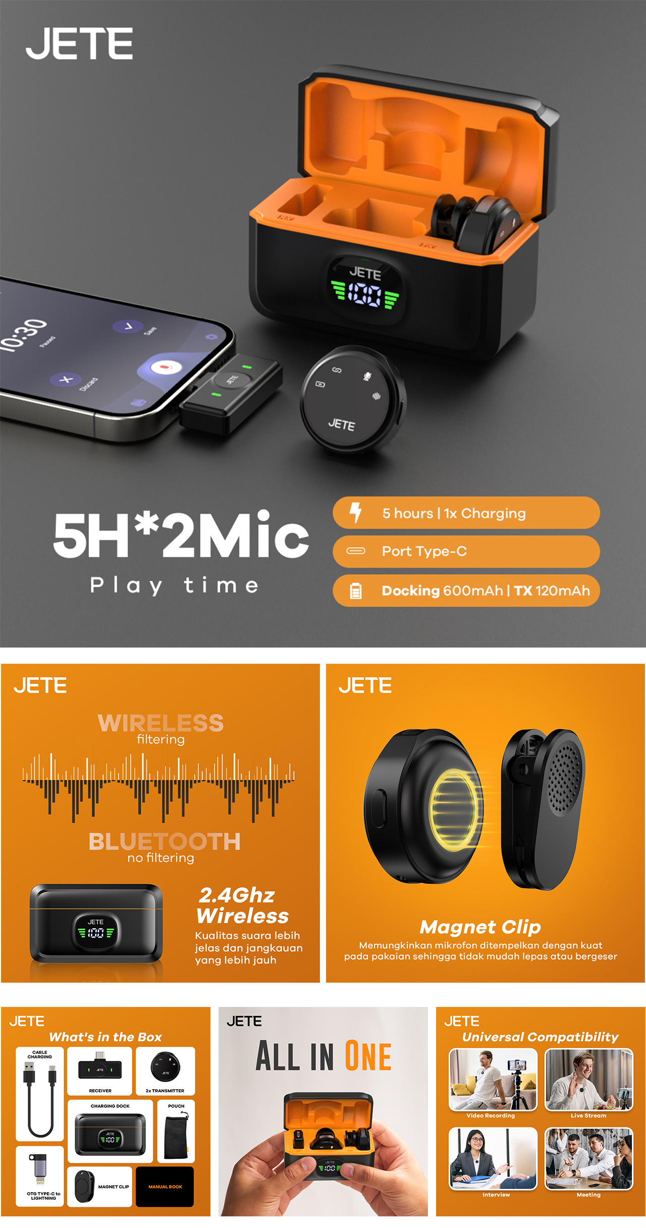 Jual JETE MP1 Microphone Wireless Magnetik Type C with Adapter ...
