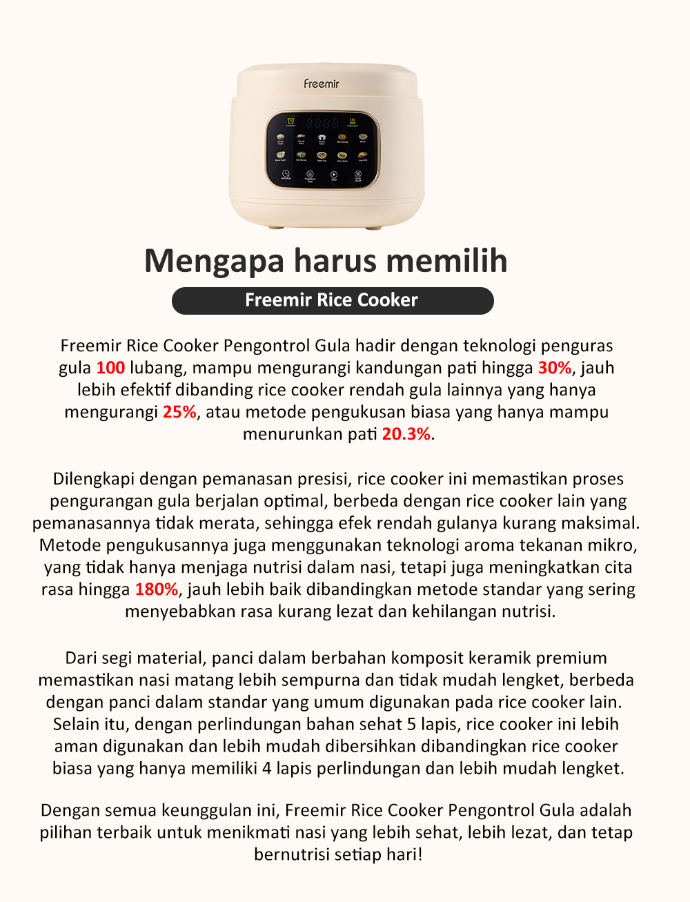 Jual [PREMIUM] freemir Rice Cooker Digital Rendah Gula 1.5L Lapisan ...