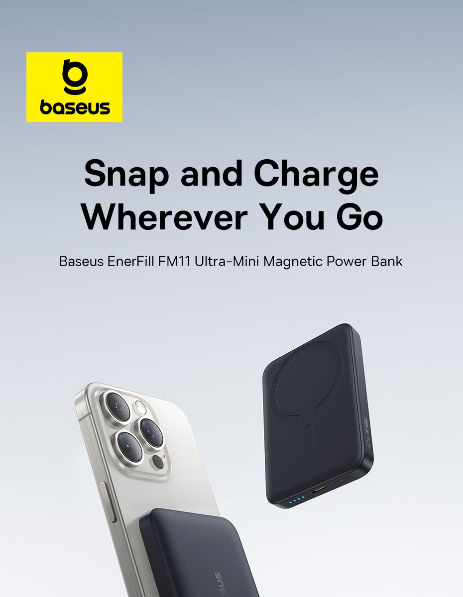 Baseus EnerFill Power Bank Qi2 MagSafe 10000mAh - Charge Sans Fil 15W, USB-C 22,5W - Ultra Léger 202g - Pour IPhone 16/15/14, Etc.