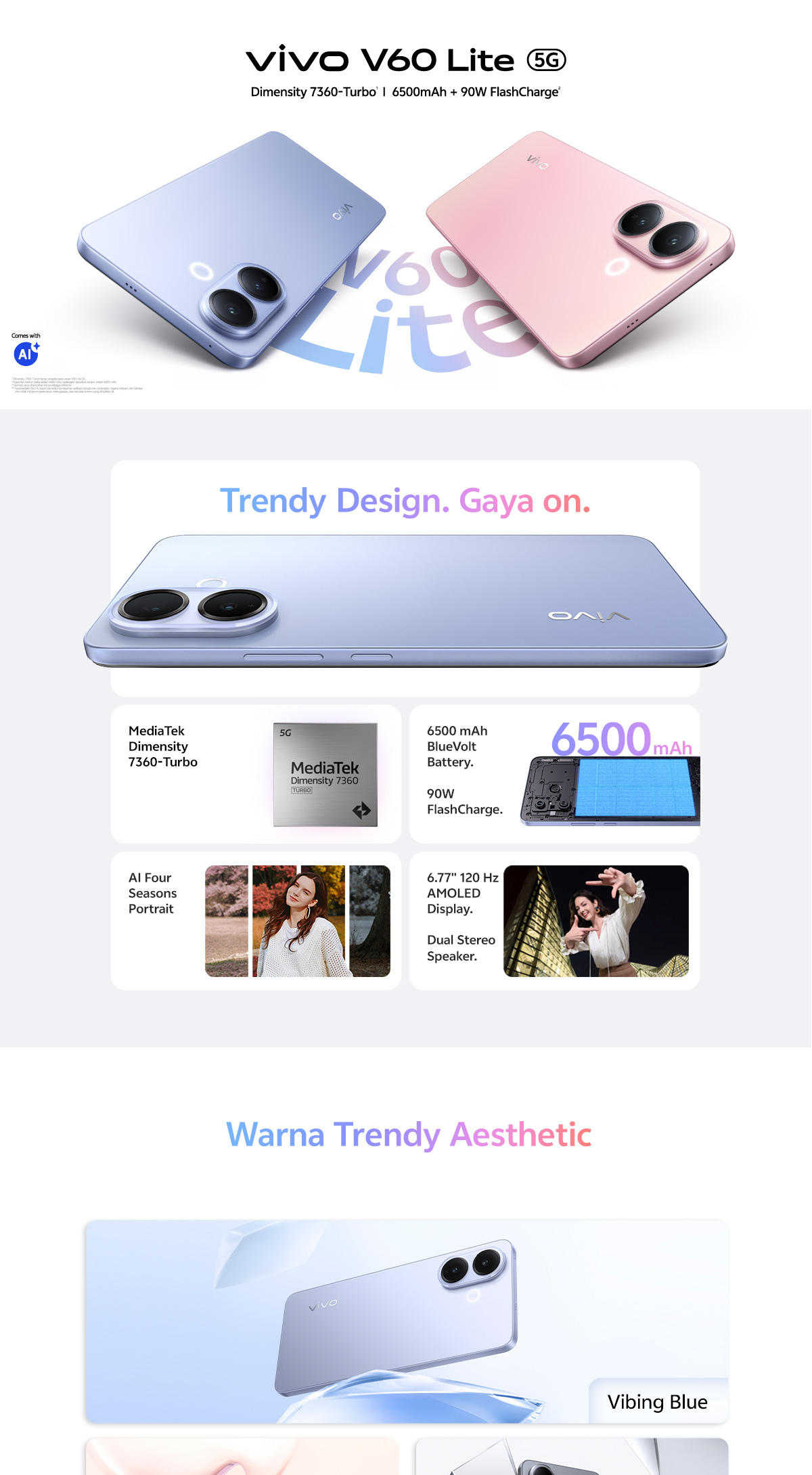 Jual vivo V60 Lite 5G Dimensity 7360-Turbo, 6500 mAh + 90W FlashCharge ...
