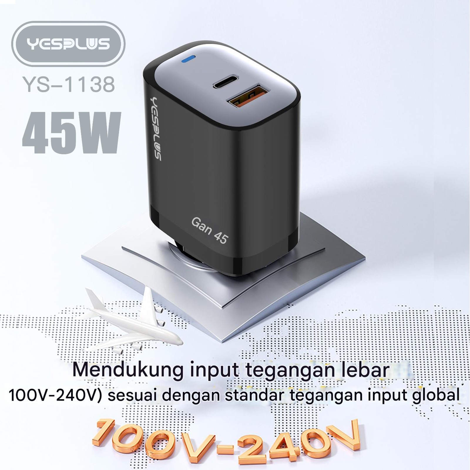 Jual Charger YESPLUS YS-1138 GAN Charger 45W Dual Port Type-C & USB ...