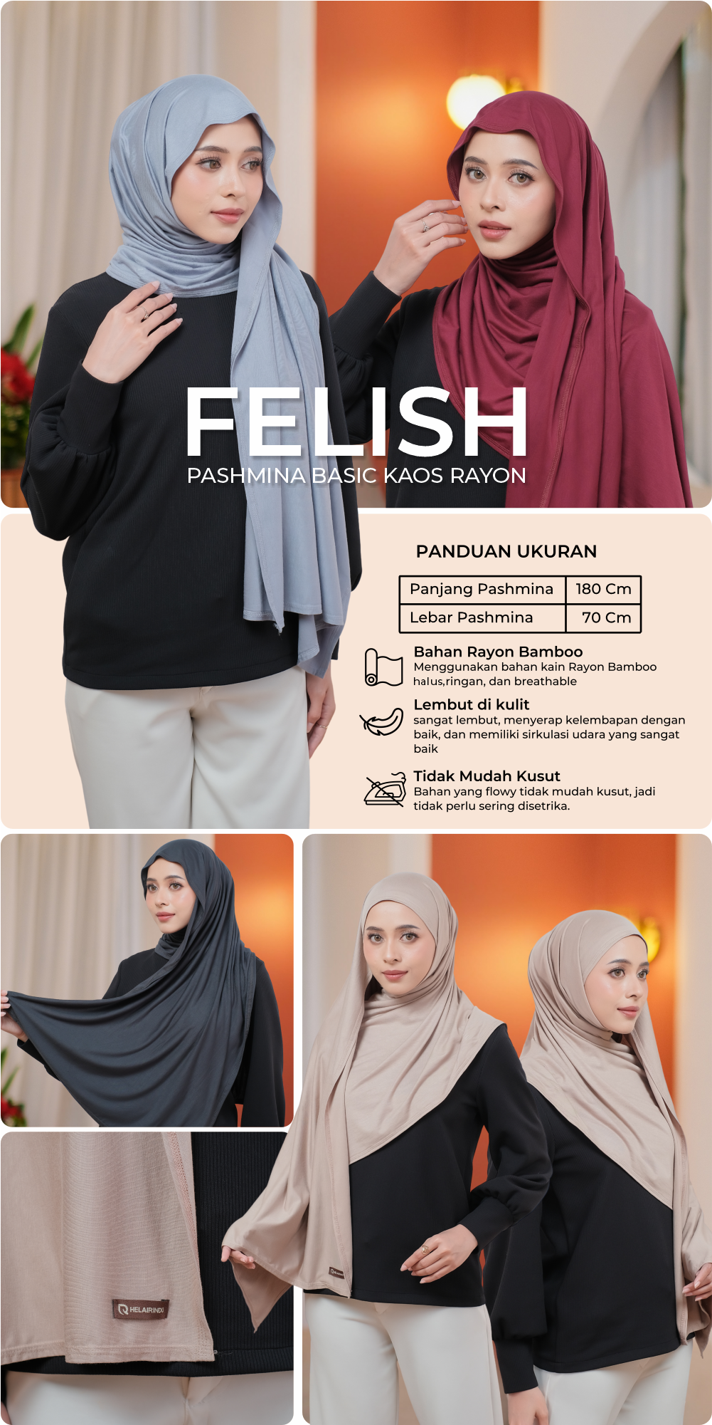 Jual HELAIRINDU - Pashmina Kaos Meleyot Rayon Bamboo Felish | Shopee ...