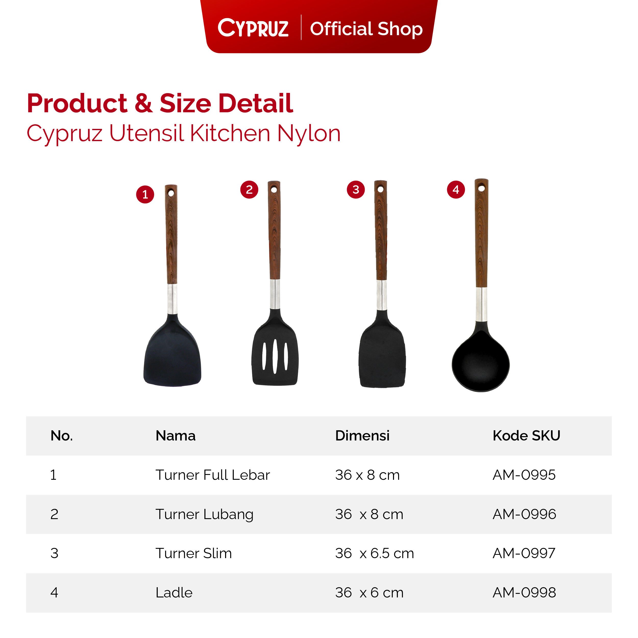 Jual Cypruz Utensil Kitchen Turner Full Lebar Nylon Gagang Kayu Food ...