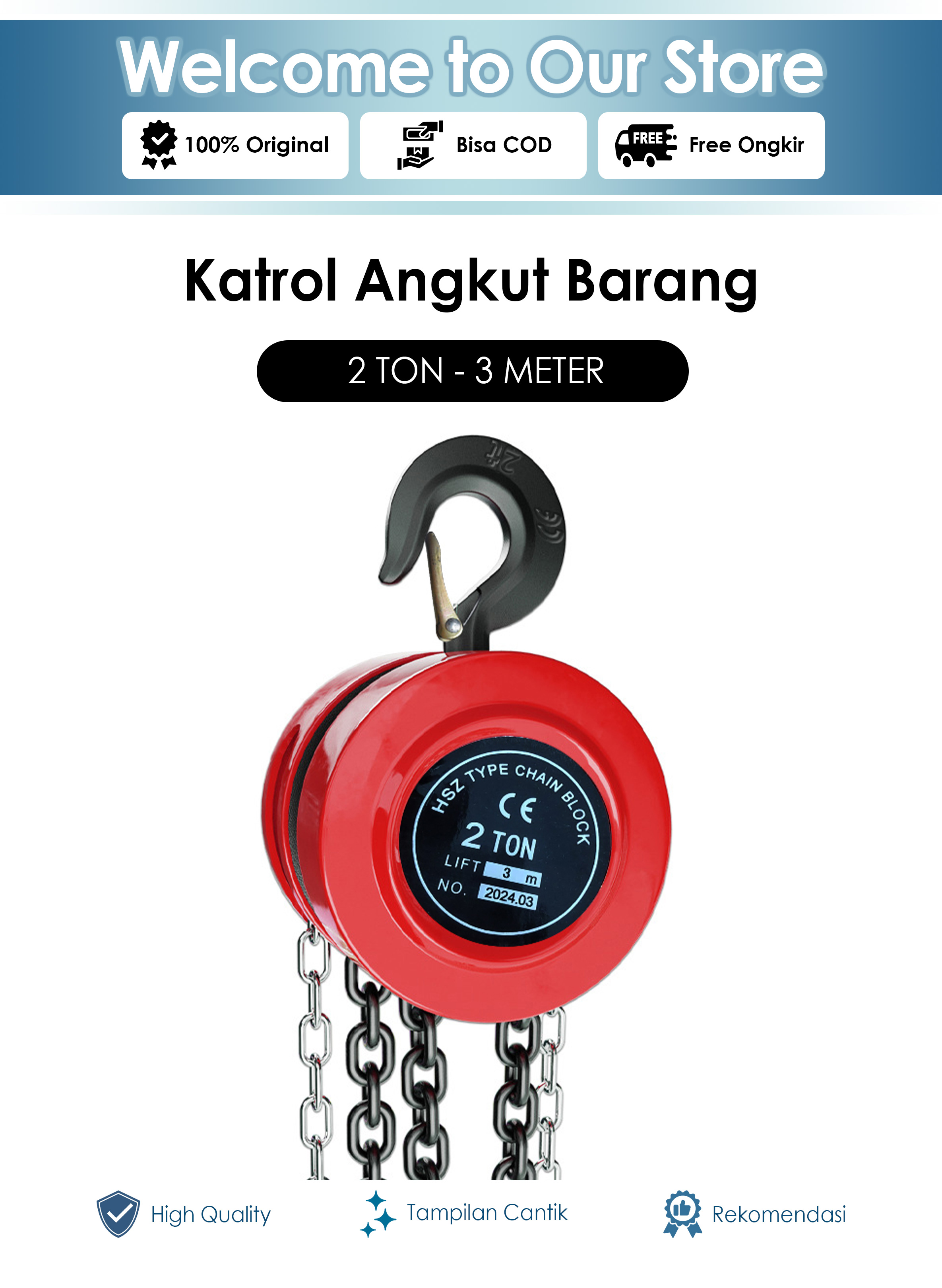 Jual 2 Ton 3 Meter Katrol Takel Kerekan Manual Rantai Baja Chain Block ...