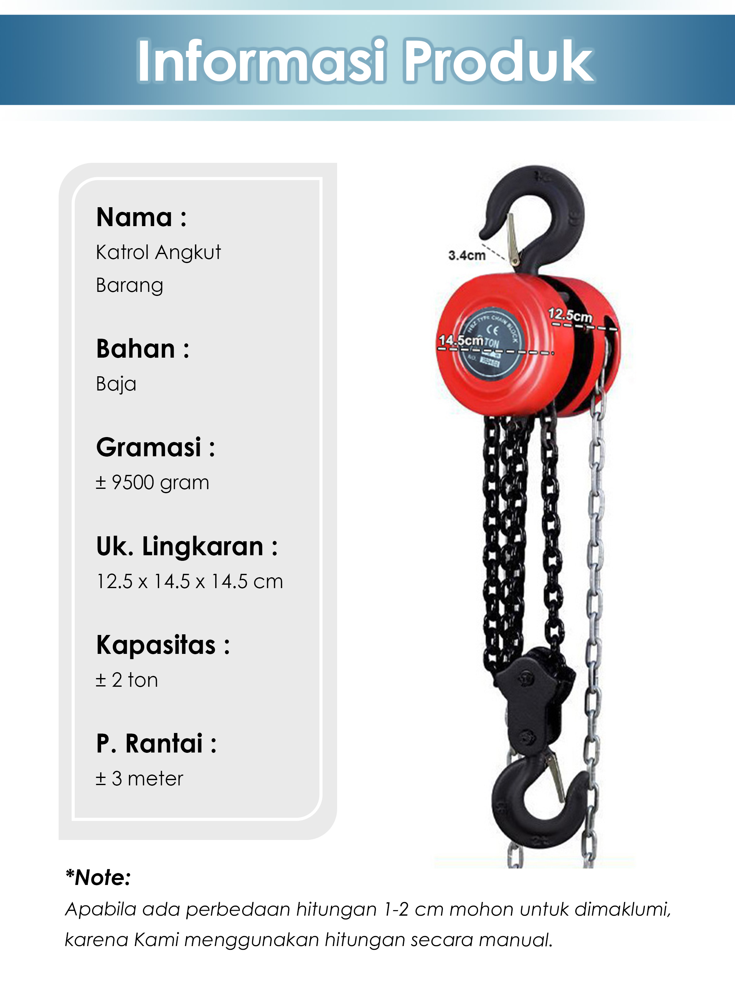 Jual 2 Ton 3 Meter Katrol Takel Kerekan Manual Rantai Baja Chain Block ...