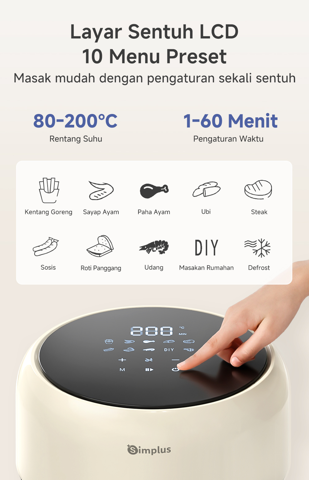 Jual Simplus Air Fryer Low Watt 650W 3,5L Digital Touch Screen ...