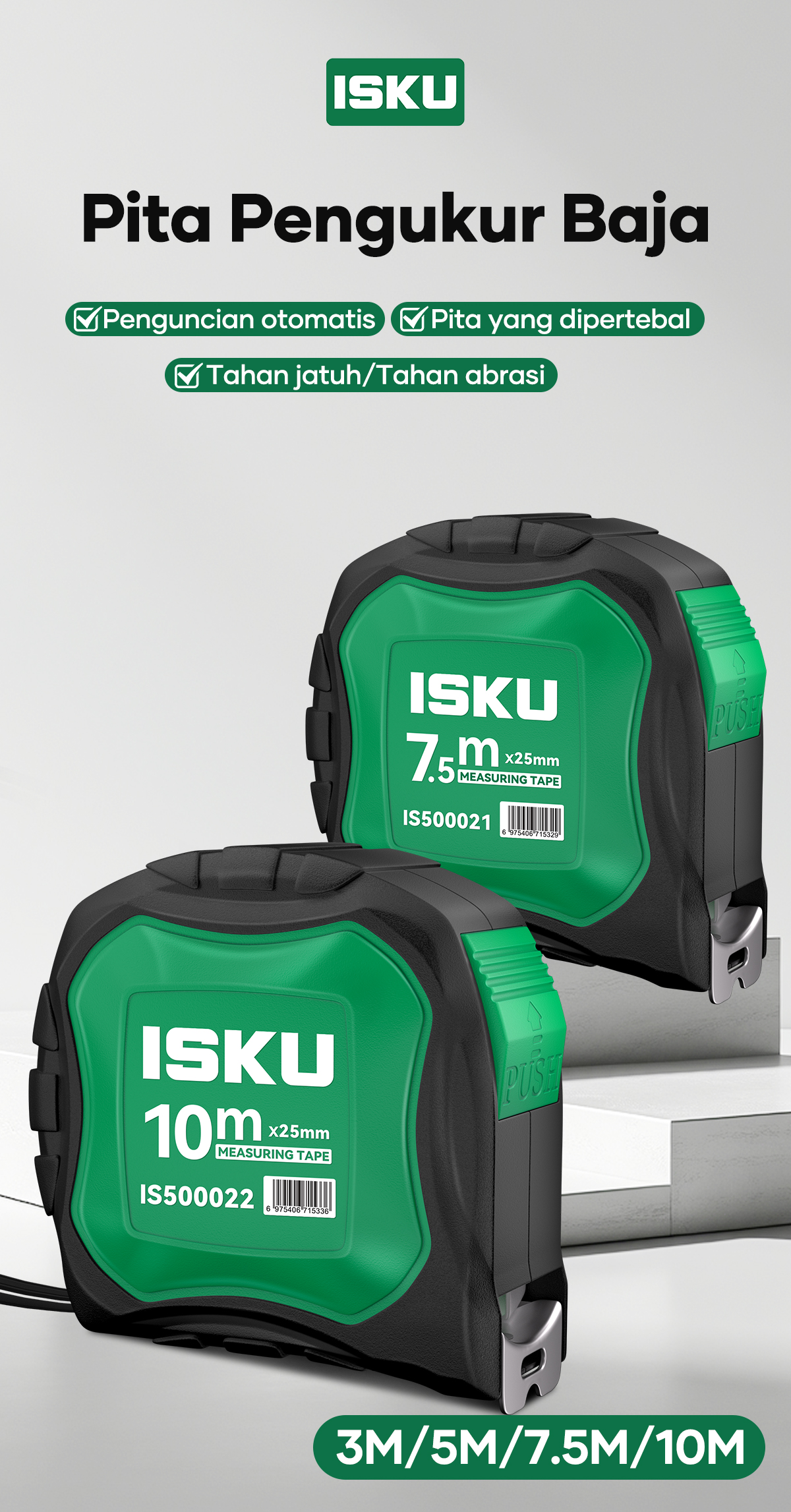 Jual ISKU Meteran 3M 5M 7.5M 10M Auto Lock Heavy Duty Measuring Tape ...