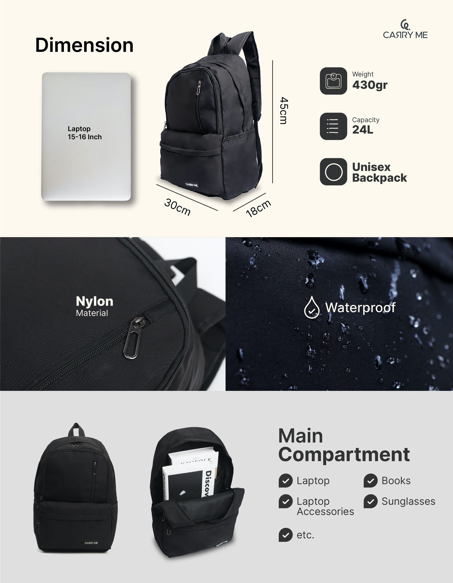 Jual Carry Me - Metro One+ Backpack / Ransel Pria Wanita Hitam / Ransel ...