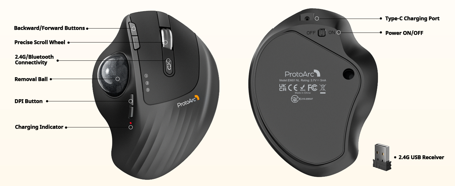 ProtoArc EM01 NL Trackball Mouse, Adjustable Angle Mouse, 2.4G USB Wireless and 2 x Bluetooth, Thumb Control, 5 DPI Adjustable, Rechargeable Rollerball Mouse, Black