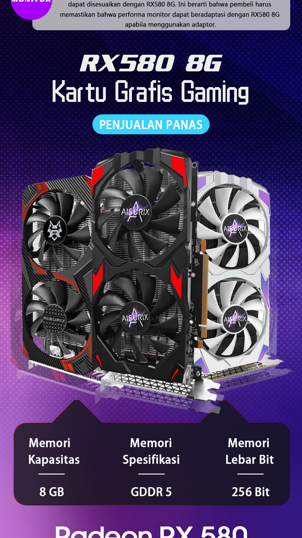 Jual AISURIX VGA Card RX 580 8GB GDDR5 256Bit 2048SP HDMI PC Gaming AMD ...