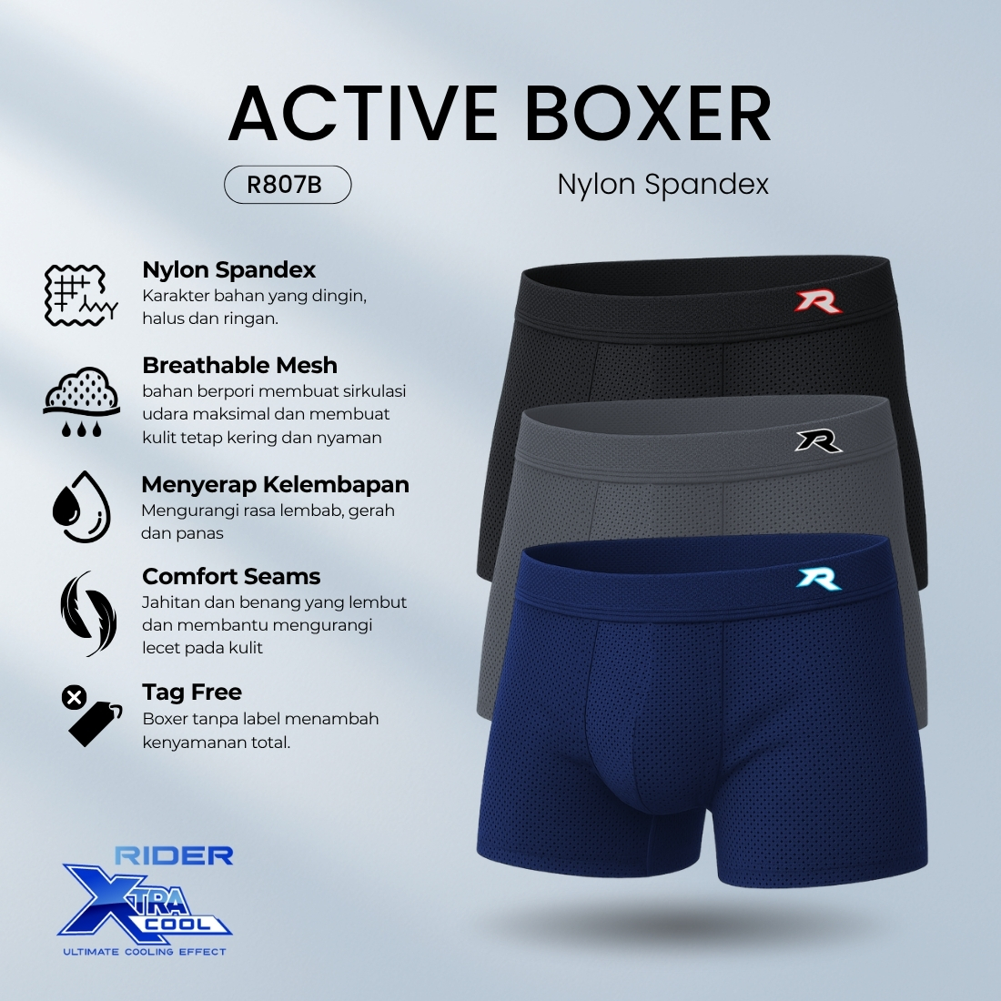 Jual Rider Active Xtracool Boxer Brief Nylon Mesh Spandex - Boxer Pria ...