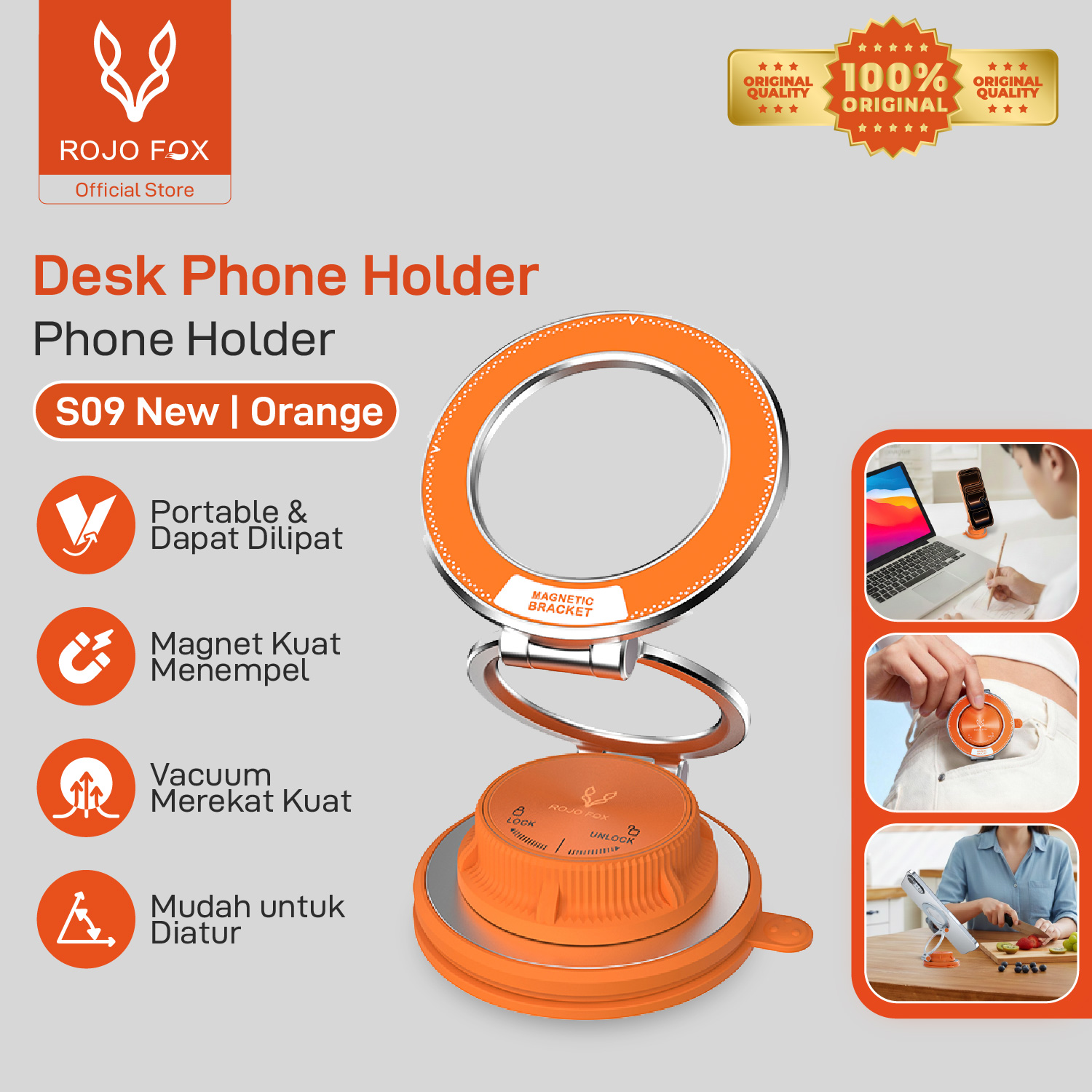 Jual ROJO FOX Magnetic Phone Holder RF-S09 New Vacuum Suction Foldable ...