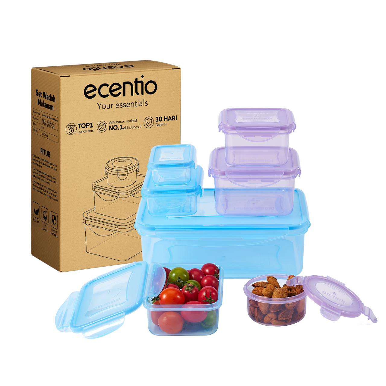 Jual ecentio food container 7pcs anti tumpah kotak makanSet Wadah ...