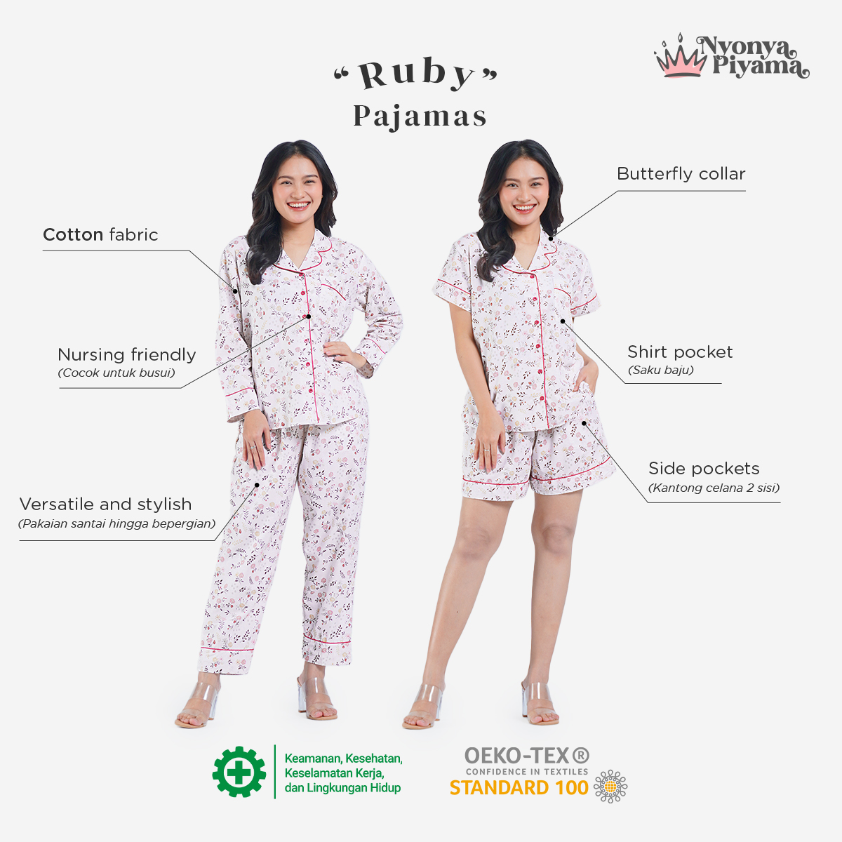 Jual Nyonya Piyama Classic Pajamas Katun Set - Ruby | Shopee Indonesia