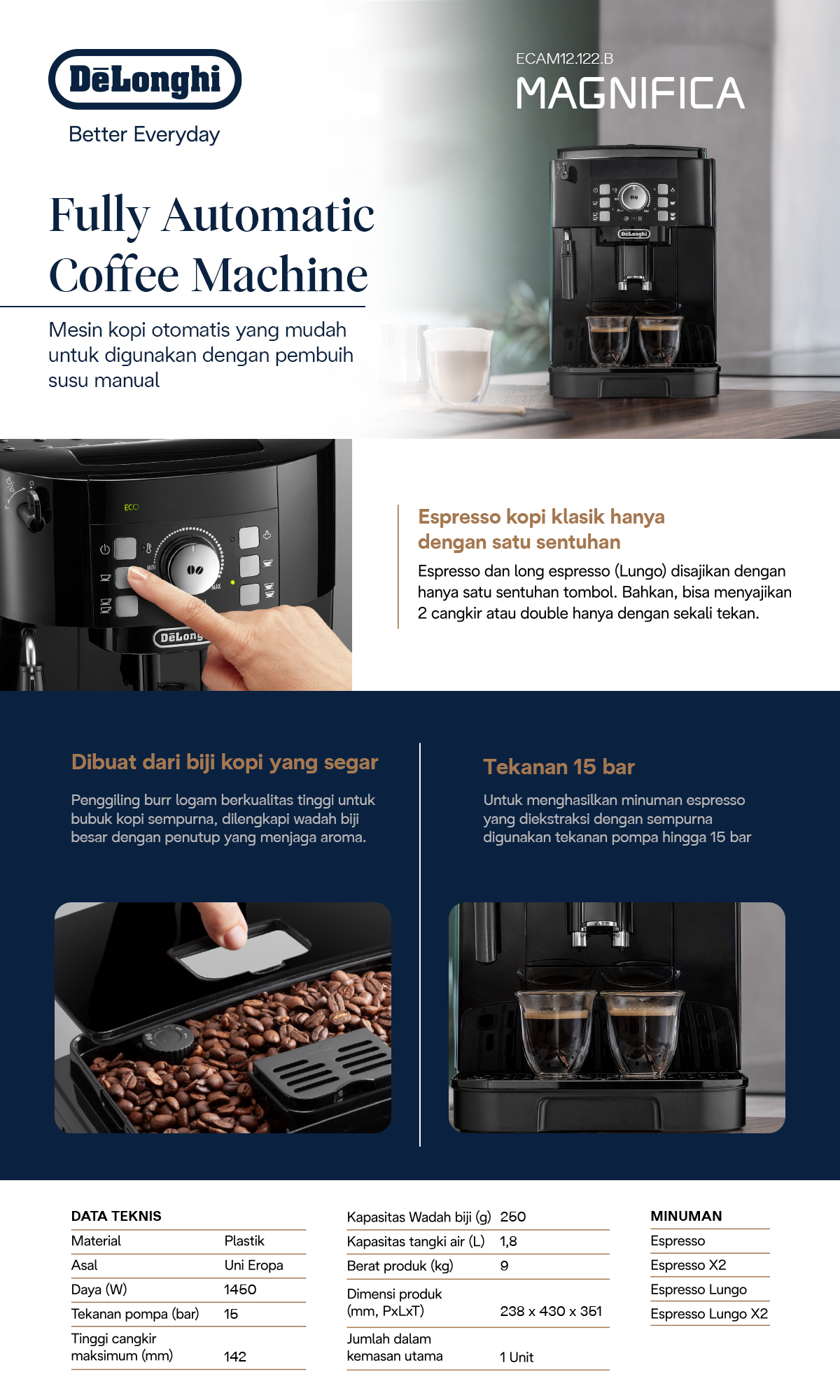 Jual De'Longhi ECAM12.122.B Fully Automatic Espresso Machine - Mesin ...