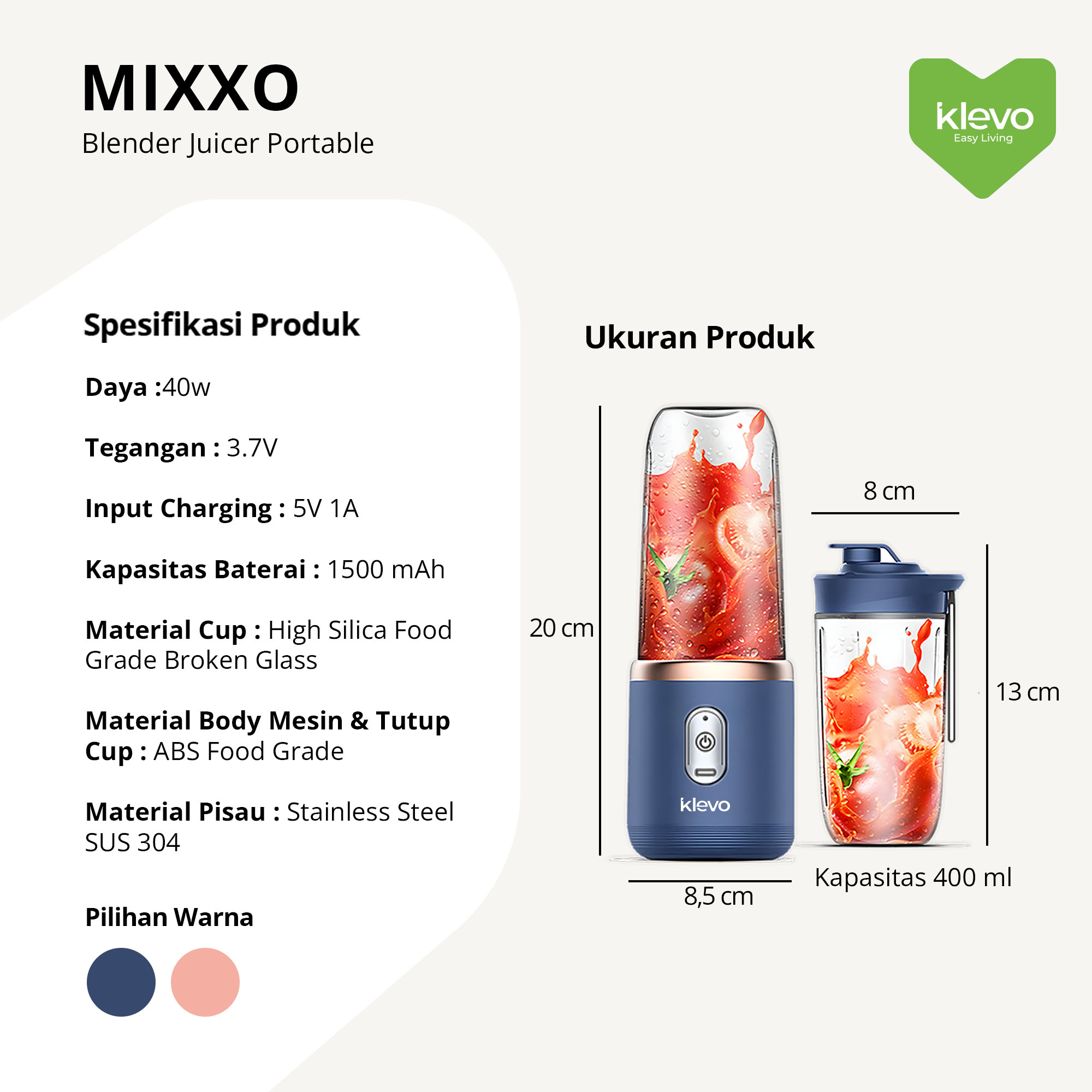 Jual KLEVO Mixxo Blender Juicer Portable 400ml Juice Cup 6 Mata Pisau ...